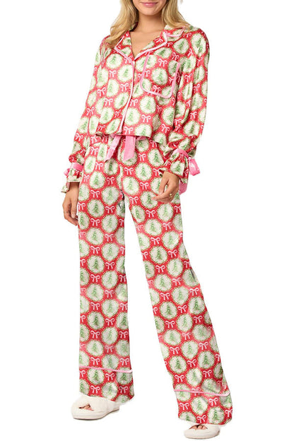 Conjunto de top de terciopelo con estampado navideño, manga larga, bolsillos y pantalones anchos con cintura elástica.