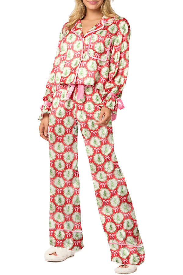 Conjunto de top de terciopelo con estampado navideño, manga larga, bolsillos y pantalones anchos con cintura elástica.