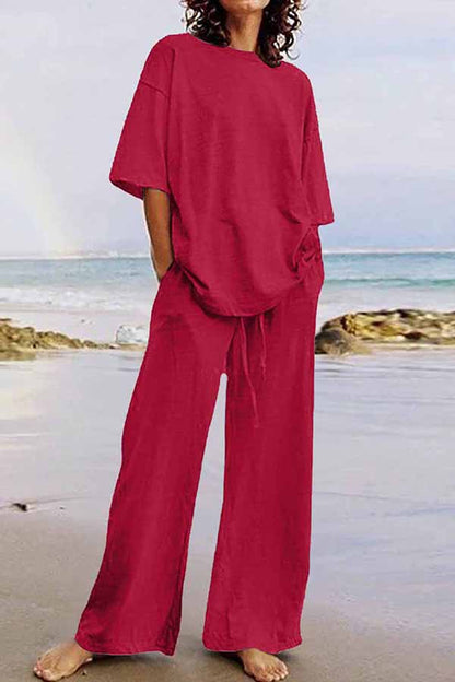 Conjunto informal de dos piezas con cuello redondo, manga corta (11 colores)