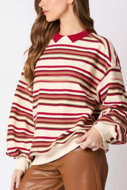 Sudadera informal holgada de manga larga con solapa a rayas 