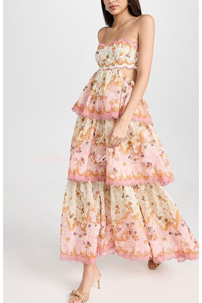 Charming Smile Floral Print Scalloped Lace-trim Back Tie-up Tiered Maxi Dress