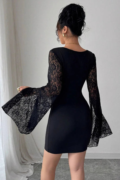Lace Splice Square Neck Flare Sleeve Mini Dress