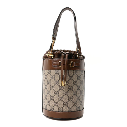 GG Supreme Monogram Azalea Sakai Calfskin Small Horsebit 1955 Drawstring Bucket Bag Beige Ebony Brown Sugar