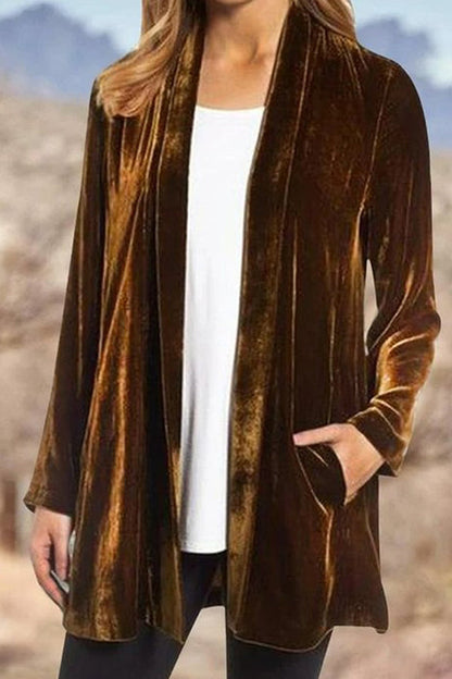 Blazer tipo cárdigan informal de terciopelo dorado de color liso