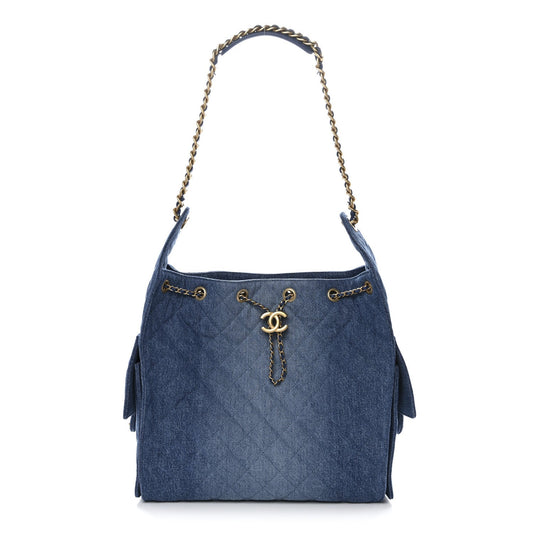 Washed Denim Quilted Medium Chanel 25 Handbag Blue