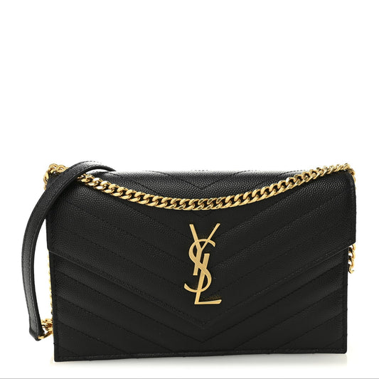Grain De Poudre Matelasse Chevron Monogram Envelope Chain Wallet Black