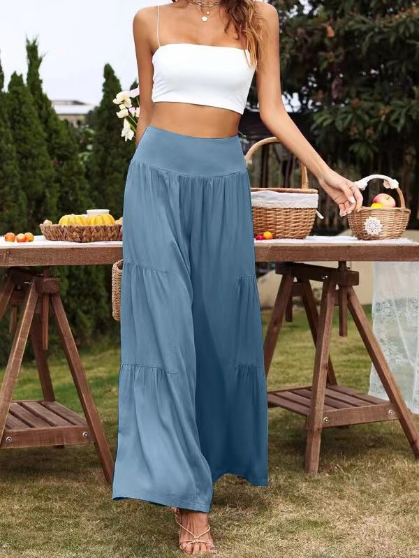 Pantalones casuales de cintura alta de algodón y lino con pierna ancha para mujer