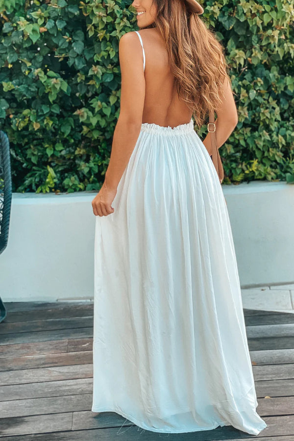 VESTIDO LARGO BLANCO ROJO CON ESPALDA ABIERTA Y BAJO DESHEBRADO