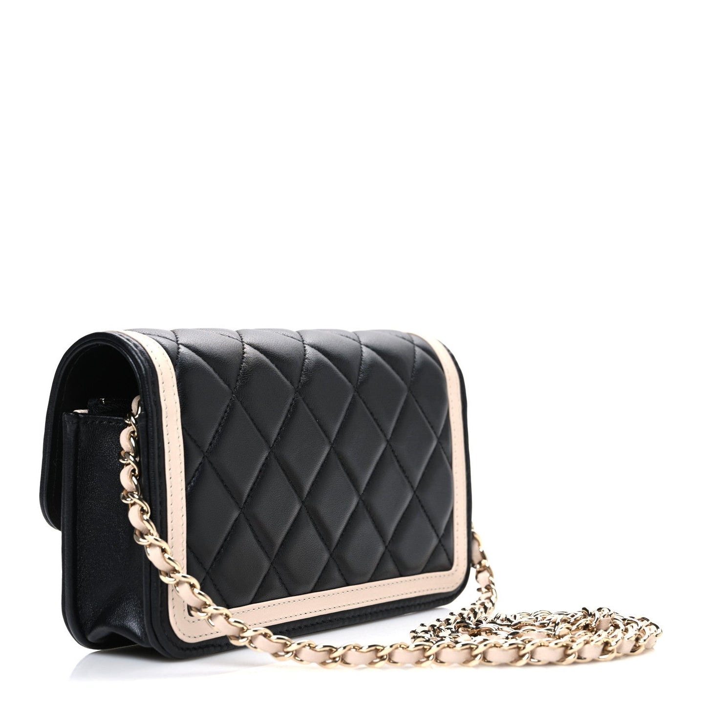 Lambskin Quilted Phone Holder Wallet With Chain Black Beige