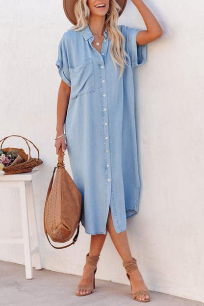 Vestido camisero de mezclilla de color liso de moda, manga corta y abertura larga