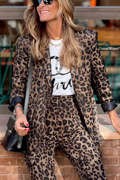 Conjunto de blazer con solapa relajada y pantalón con cintura elástica y bolsillo de leopardo con personalidad salvaje