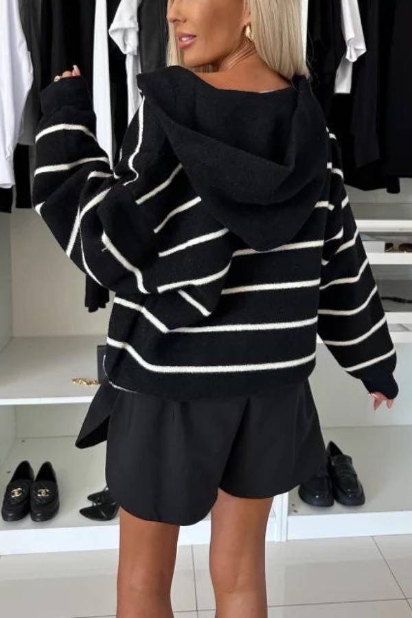 Cárdigan holgado con capucha, bolsillos y botones a rayas, de moda y confort