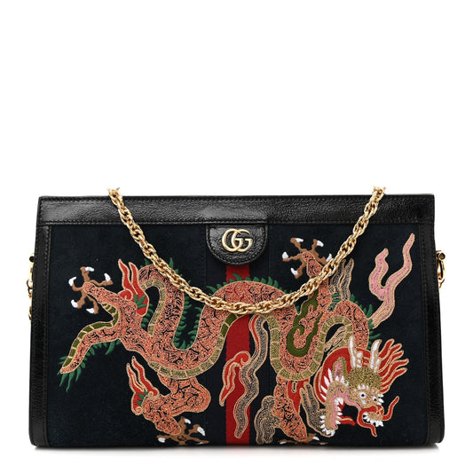 Suede Patent Web Dragon Embroidered Medium Ophidia Chain Shoulder Bag Blue Multicolor Black