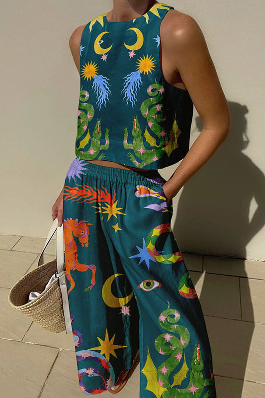 Conjunto de camiseta de tirantes y pantalón con bolsillos y cintura elástica con estampado único de mezcla de lino Island Dreaming