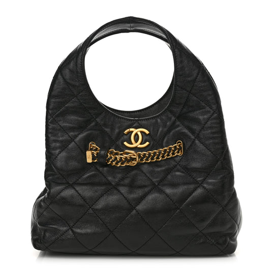 Shiny Lambskin Quilted CC Belt Shopping Bag Black