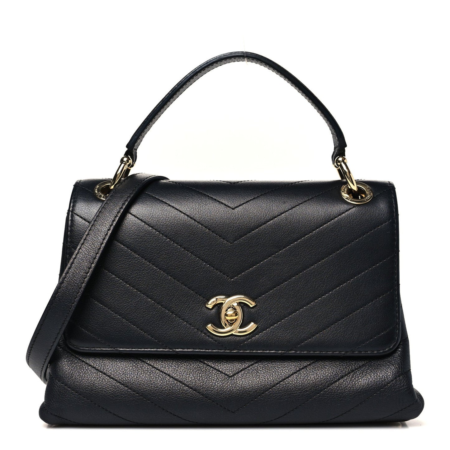 Grained Calfskin Chevron Stitched Small Chic Top Handle Flap Black