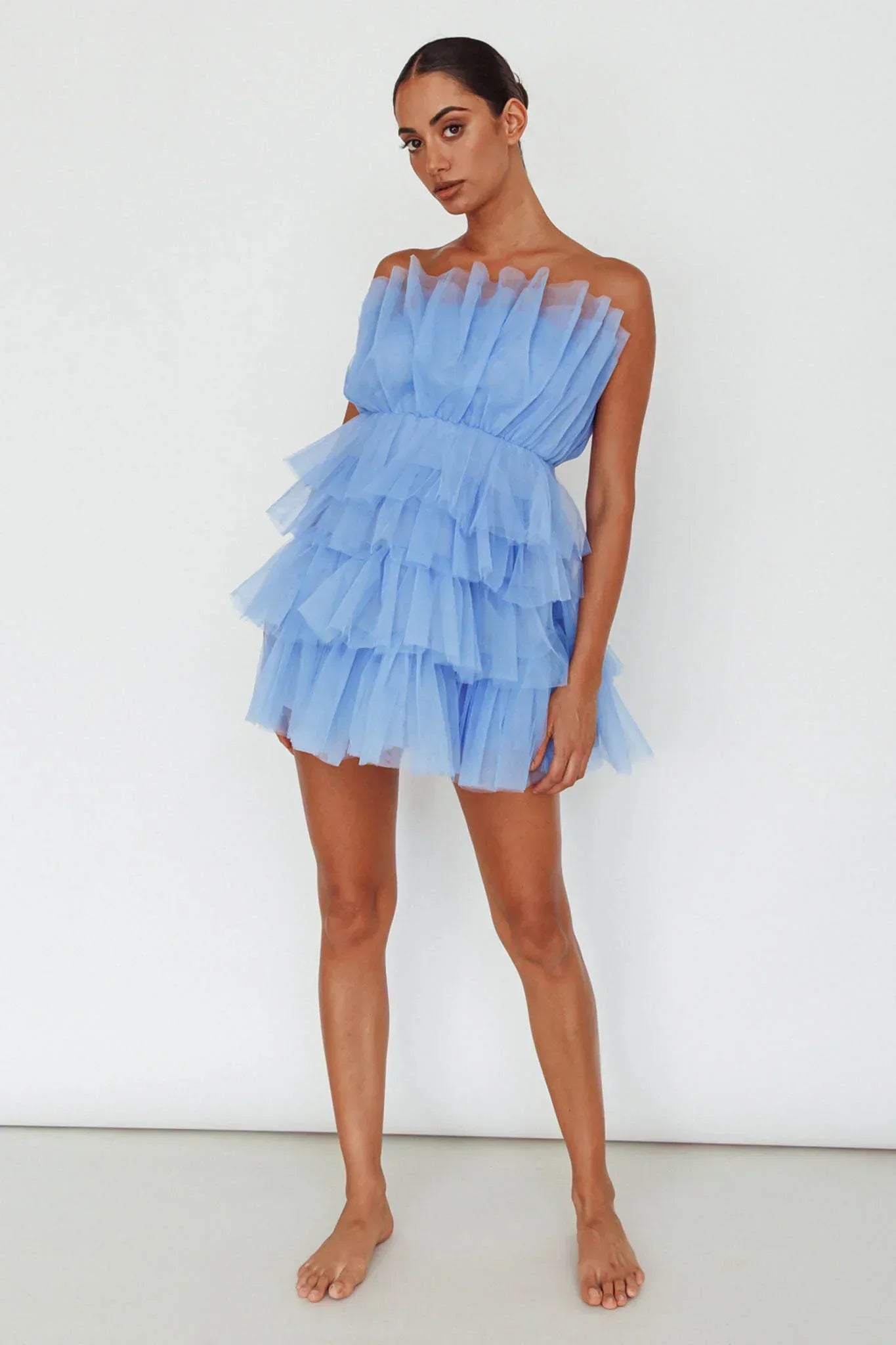 Bon Bon Tiered Mesh Mini Dress Steel Blue