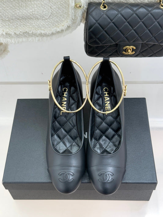 CC 26C Ribbon Camellia Mary Jane With Giant Pearl Black Lambskin