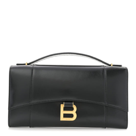 Shiny Calfskin Top Handle Hourglass Clutch Black
