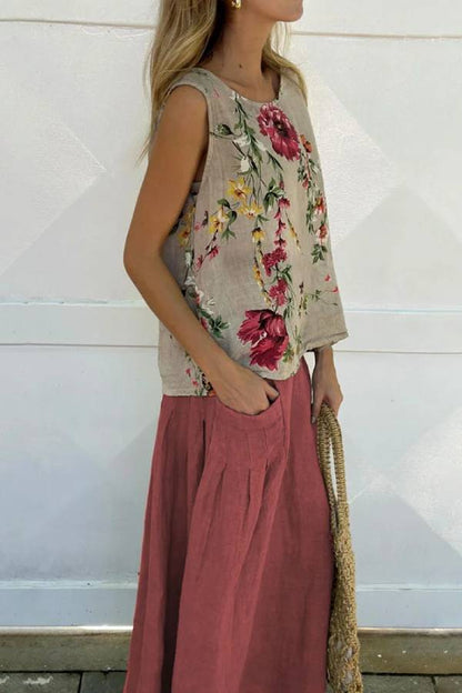Conjunto de dos piezas de camiseta y falda de algodón y lino con estampado informal 