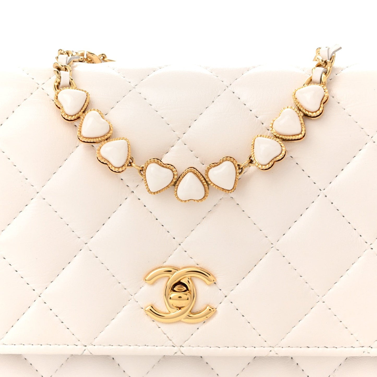 Shiny Crumpled Calfskin Quilted Enamel Heart Wallet On Chain WOC White