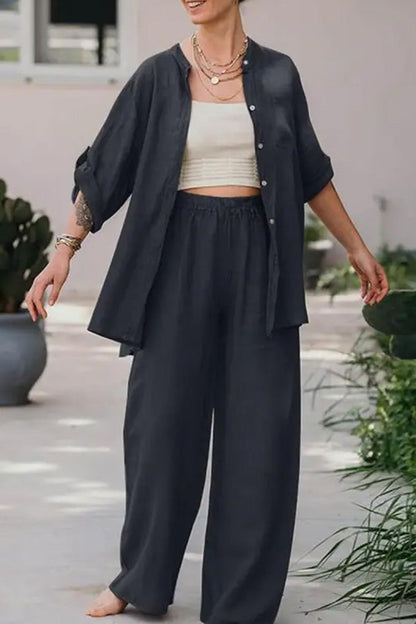 Conjunto de camisa y pantalón de color liso holgado informal