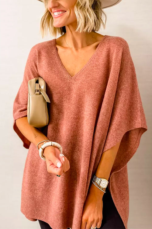 Suéter tipo poncho holgado de color liso con cuello en V más elegante