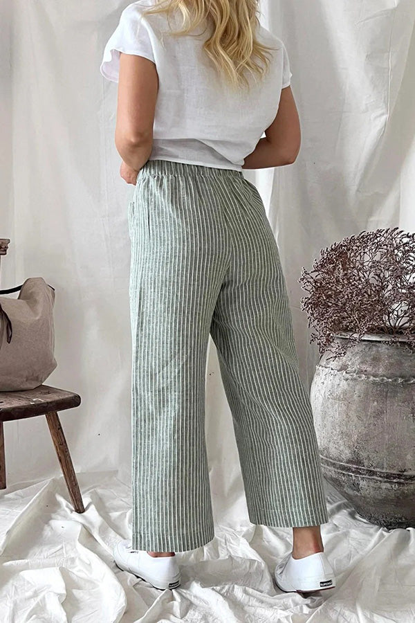 Pantalones rectos casuales de algodón y lino para mujer