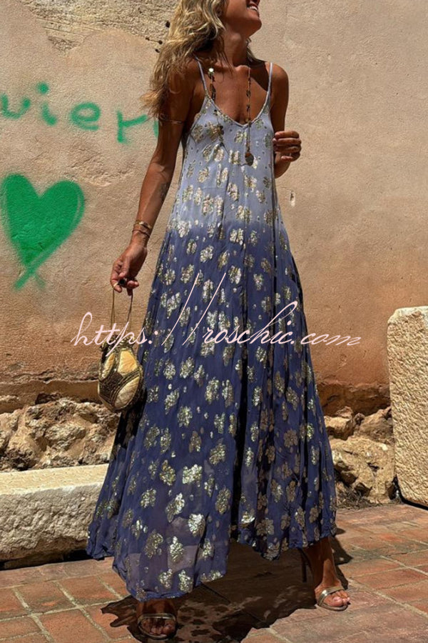 Bianca Tie Dye Gradient Flower Print Pocketed A-line Slip Maxi Dress