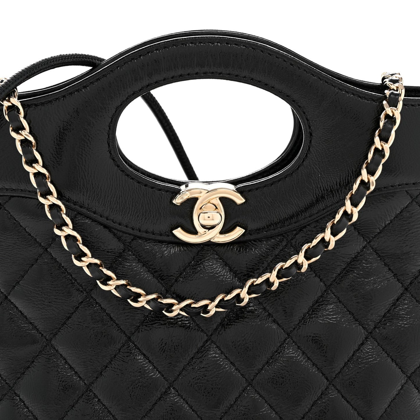 Shiny Crumpled Calfskin Quilted Mini 31 Shopping Bag Black