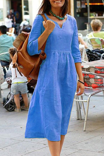 Vestidos casuales sencillos de color liso con escote en V y falda de un solo paso