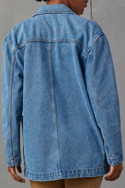 Blazer de mezclilla con solapa con muesca, botones y bolsillos delanteros