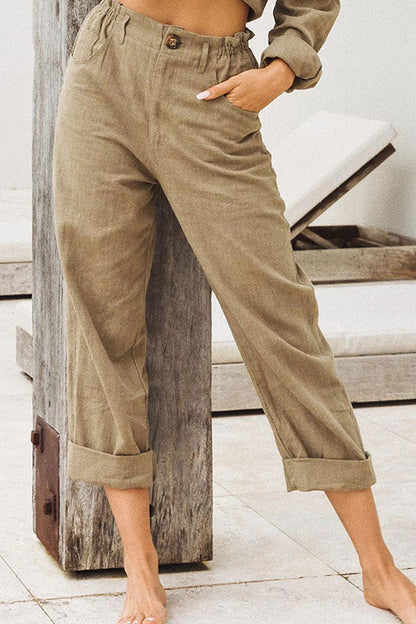 Pantalones de lino y algodón de color liso para mujer