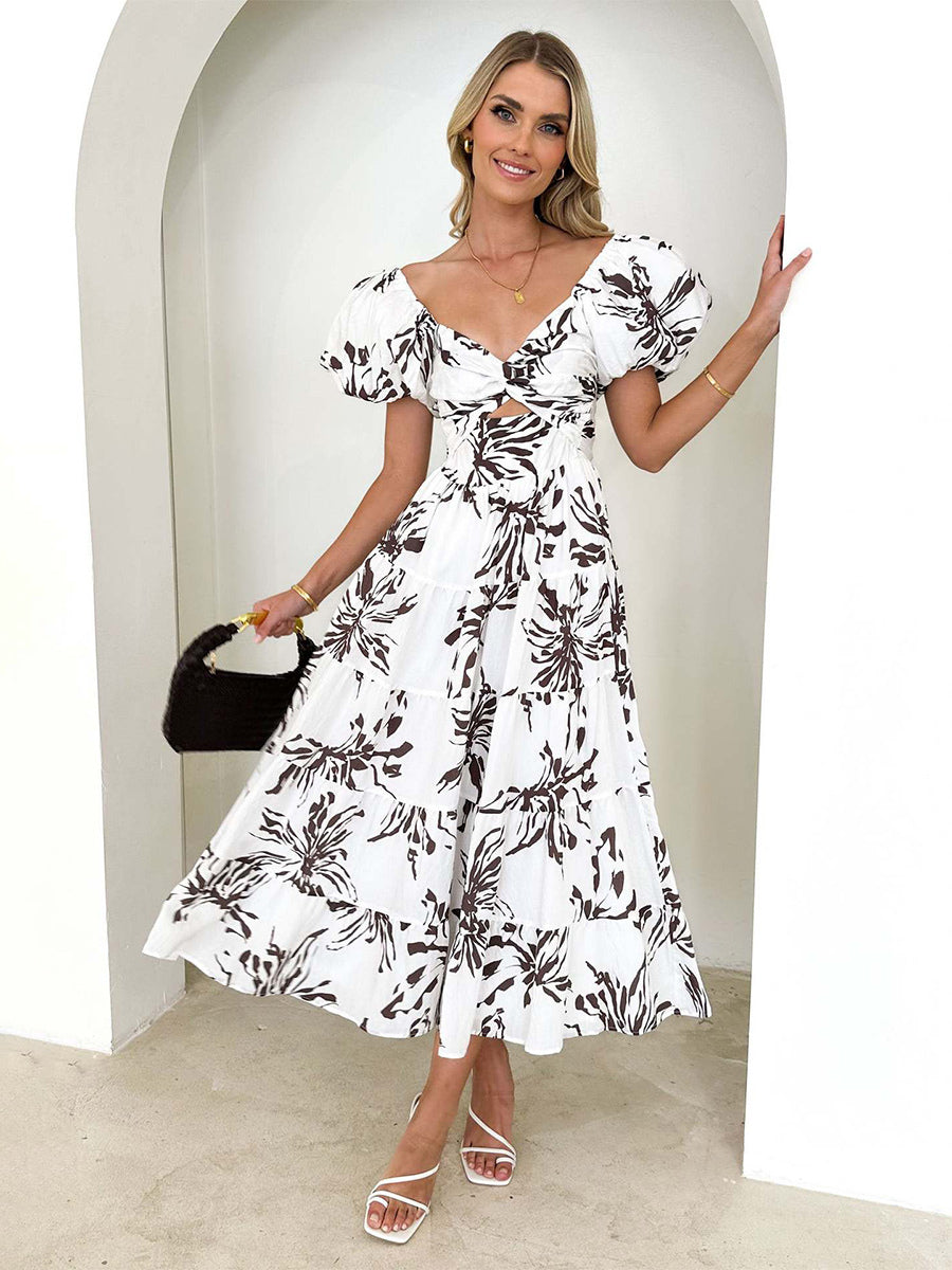 Floral Dress Maxi Dresses Floral Print Short Sleeves Strapless Casual Open Shoulder Strapless Cut Out No Open Seam Long Summer