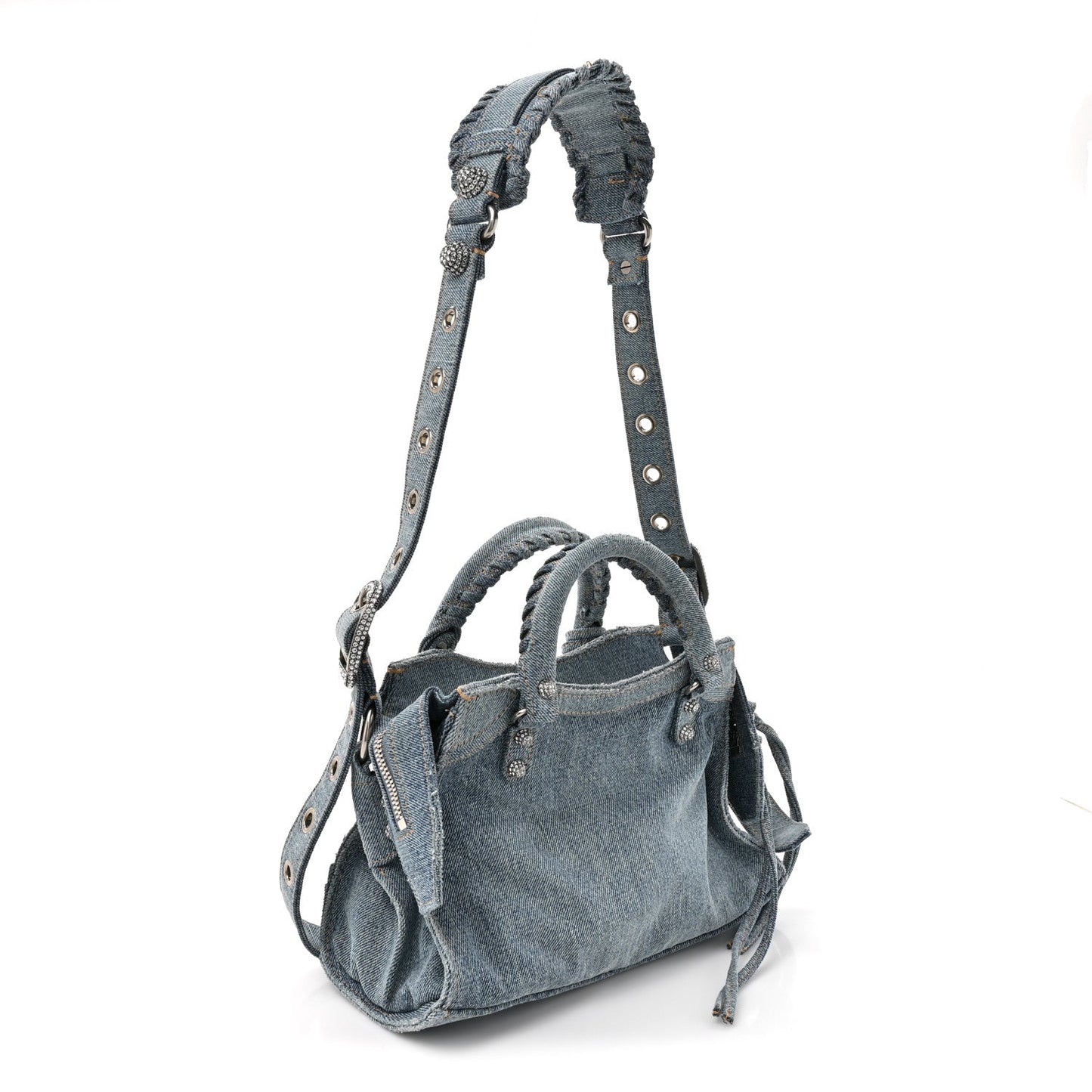 Washed Frayed Denim Crystal Neo Cagole Handbag XS Blue