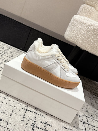 MM Platform German Training Shoes 50mm Light Grey White Suede Sheepskin Fur 558415
