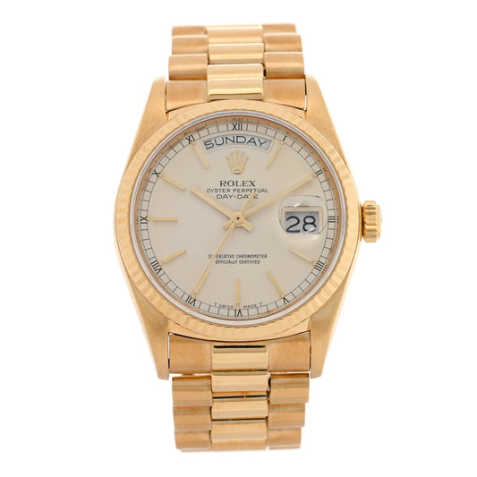 18K Yellow Gold 36mm Oyster Perpetual Day-Date President Watch Silver 18038