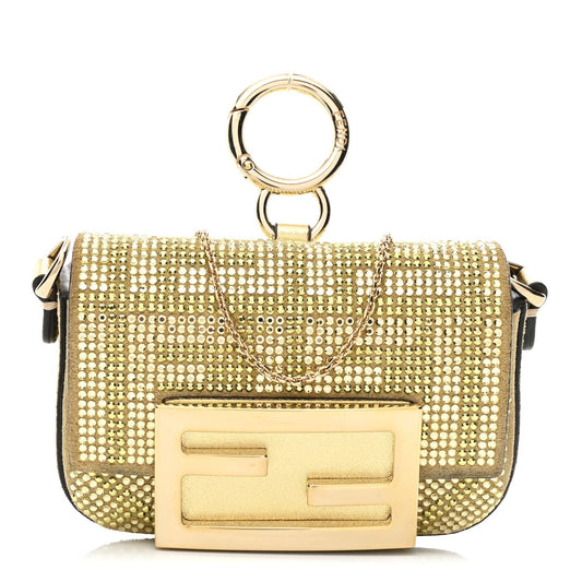 Crystal Vitello Laminato FF Nano Maxi Buckle Baguette Charm Light Gold