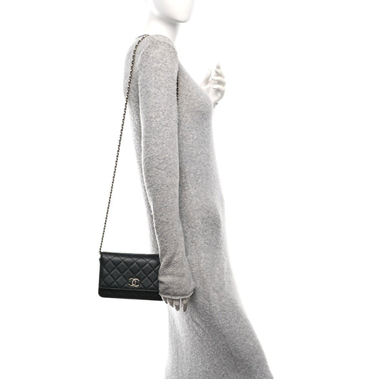 Lambskin Pearl Strass Quilted CC Wallet on Chain WOC Black