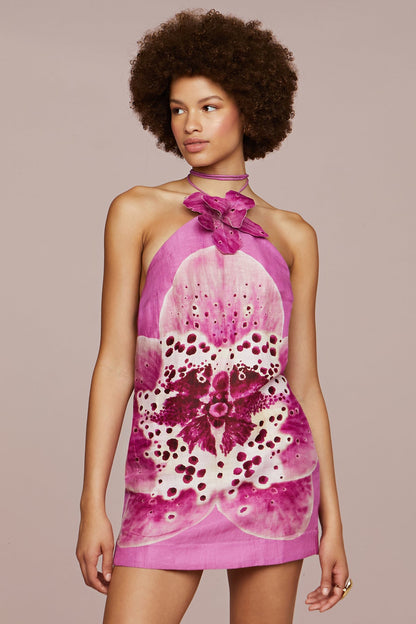 Vestido mini con cuello halter y apliques florales Verónica 