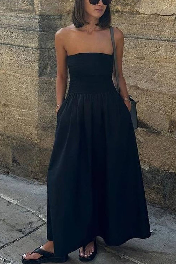 Retro Revival Sleeveless Off-shoulder Elastic Pleated Maxi Dress