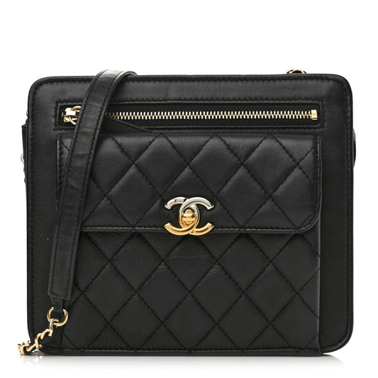 Lambskin Quilted Square Front Pocket Clutch With Chain Black