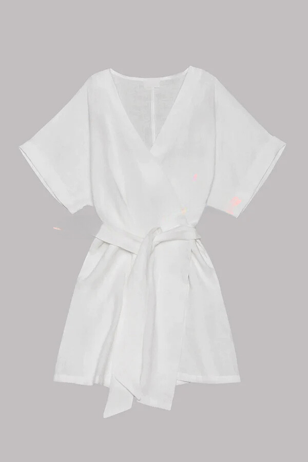 Vestido mini kimono de mezcla de lino y algodón con cinturón y bolsillos