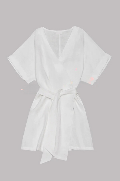 Vestido mini kimono de mezcla de lino y algodón con cinturón y bolsillos