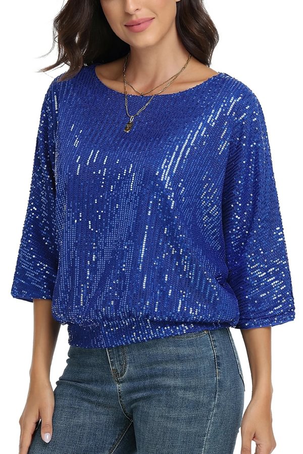 Top casual holgado de cuello redondo con lentejuelas de color liso