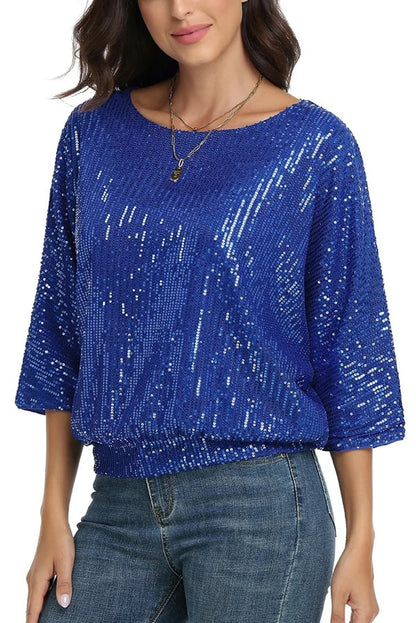 Top casual holgado de cuello redondo con lentejuelas de color liso