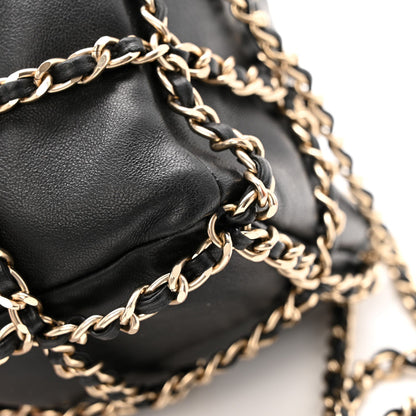 Lambskin Bucket Chain Drawstring Bag Black