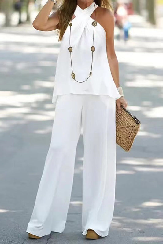 Conjunto de pantalones anchos sin mangas de color liso con cuello halter informal de moda