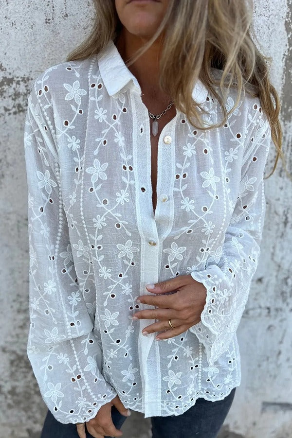 Camisa informal de manga larga con solapa y bordado de plantas