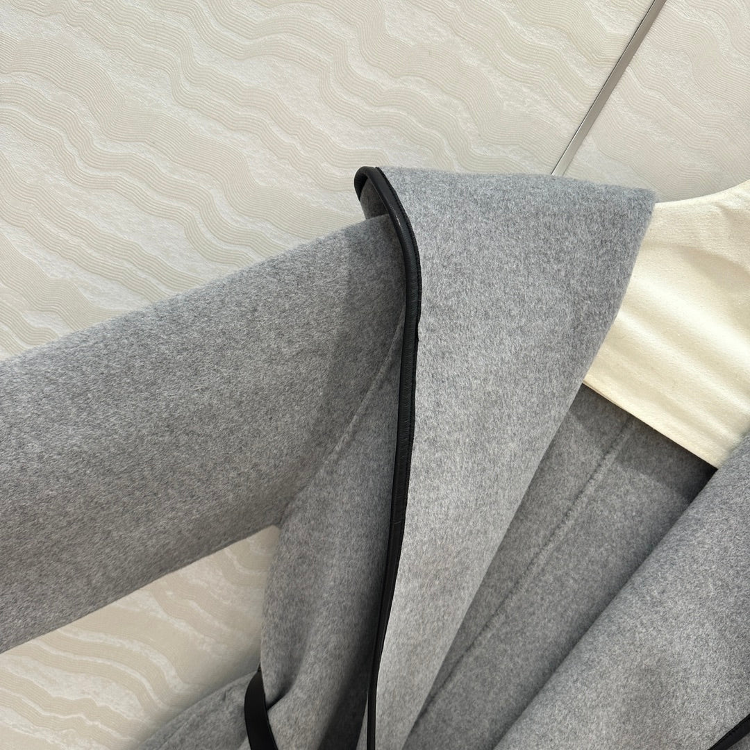 BV Hooded Leather Belt Coat in Gray Cashmere